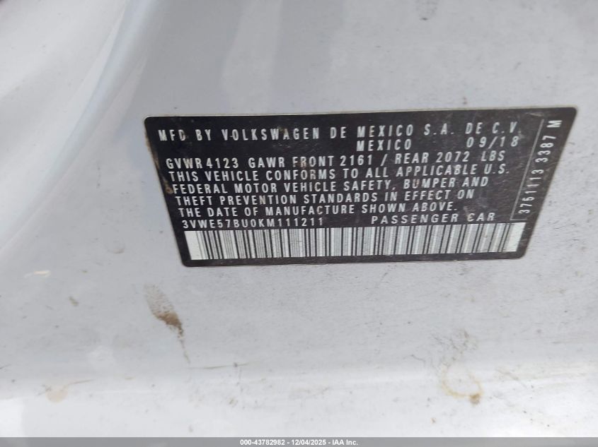 2019 Volkswagen Jetta 1.4T Sel VIN: 3VWE57BU0KM111211 Lot: 43782982