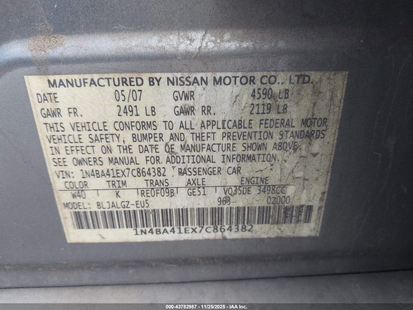 2007 Nissan Maxima 3.5 Sl VIN: 1N4BA41EX7C864382 Lot: 43782987