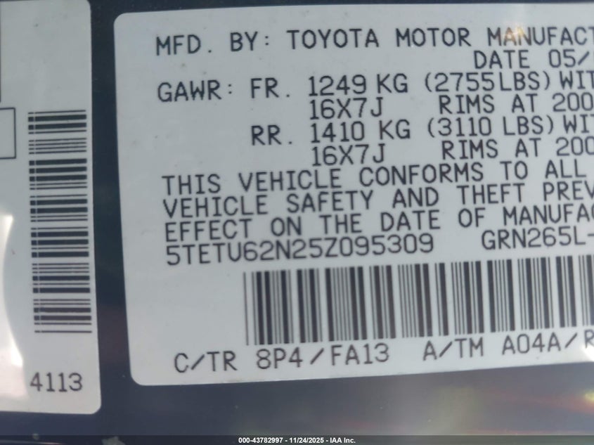 5TETU62N25Z095309 2005 TOYOTA TACOMA photo no. 9