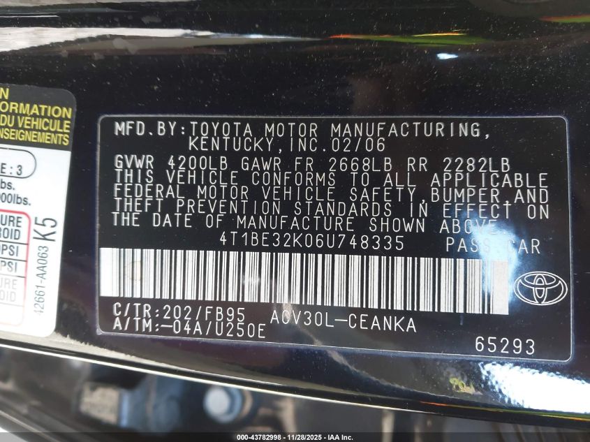 2006 Toyota Camry Std VIN: 4T1BE32K06U748335 Lot: 43782998