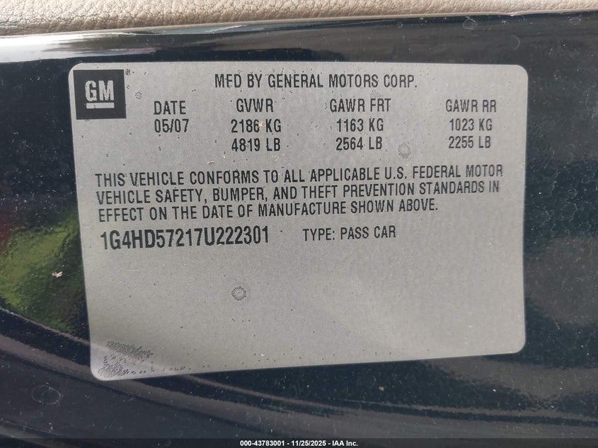 2007 Buick Lucerne Cxl VIN: 1G4HD57217U222301 Lot: 43783001