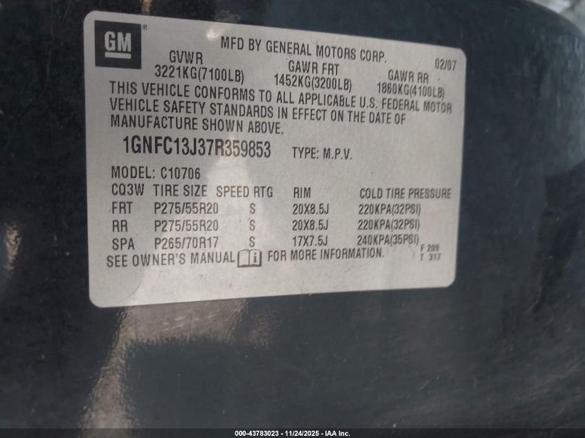 2007 Chevrolet Tahoe Lt VIN: 1GNFC13J37R359853 Lot: 43783023