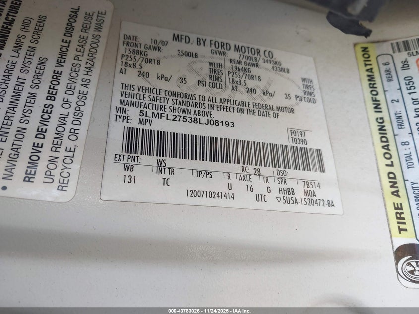 2008 Lincoln Navigator L VIN: 5LMFL27538LJ08193 Lot: 43783026