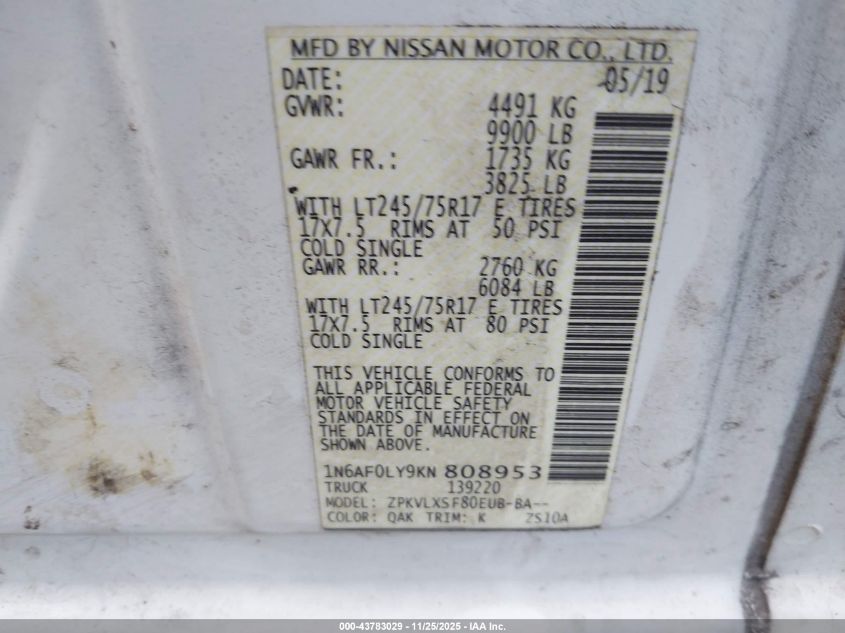 2019 Nissan Nv Cargo Nv3500 Hd Sv V8 VIN: 1N6AF0LY9KN808953 Lot: 43783029