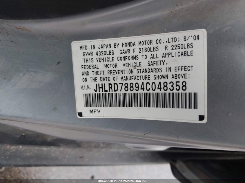 2004 Honda Cr-V Ex VIN: JHLRD78894C048358 Lot: 43783031