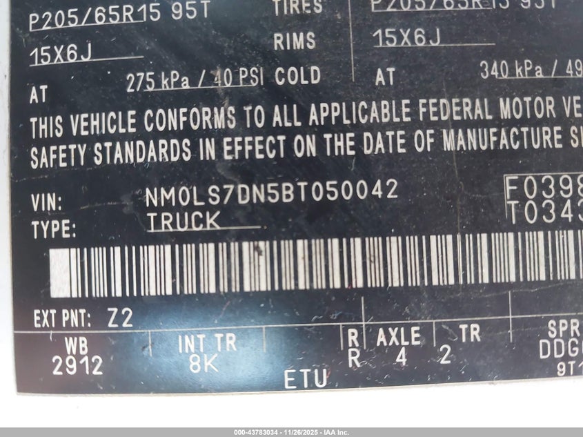 2011 Ford Transit Connect Xlt VIN: NM0LS7DN5BT050042 Lot: 43783034