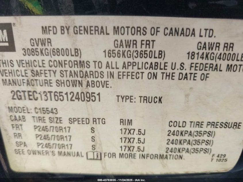 2005 GMC Sierra 1500 Sle VIN: 2GTEC13T651240951 Lot: 43783035