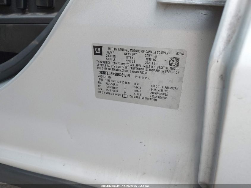 2016 Chevrolet Equinox Ltz VIN: 2GNFLGEK9G6261799 Lot: 43783049