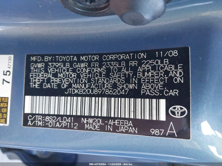 2009 Toyota Prius VIN: JTDKB20U897862047 Lot: 43783054