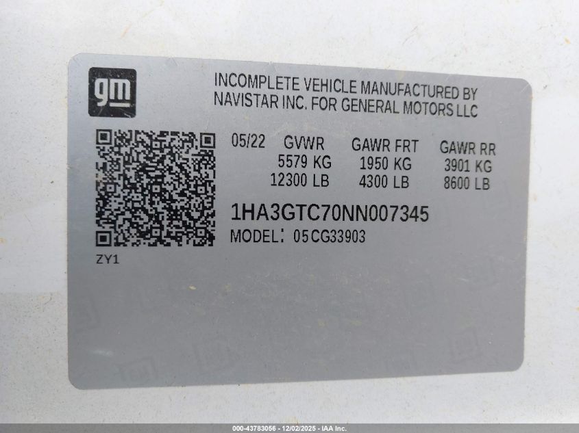 2022 Chevrolet Express Cutaway Work Van VIN: 1HA3GTC70NN007345 Lot: 43783056