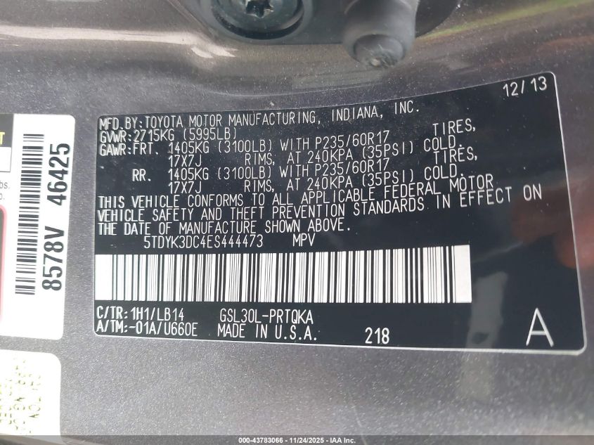 2014 Toyota Sienna Xle V6 8 Passenger VIN: 5TDYK3DC4ES444473 Lot: 43783066