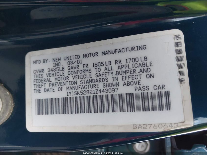 2001 Chevrolet Prizm VIN: 1Y1SK52821Z443097 Lot: 43783069