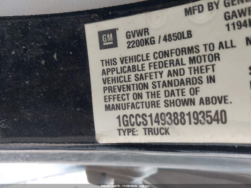2008 Chevrolet Colorado Work Truck VIN: 1GCCS149388193540 Lot: 43783079