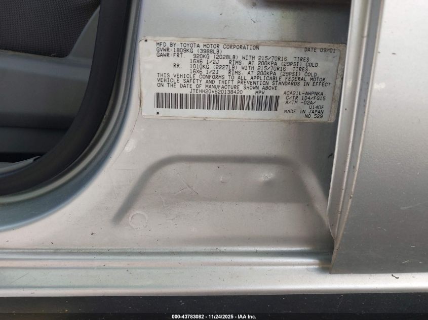 2002 Toyota Rav4 VIN: JTEHH20V620138420 Lot: 43783082