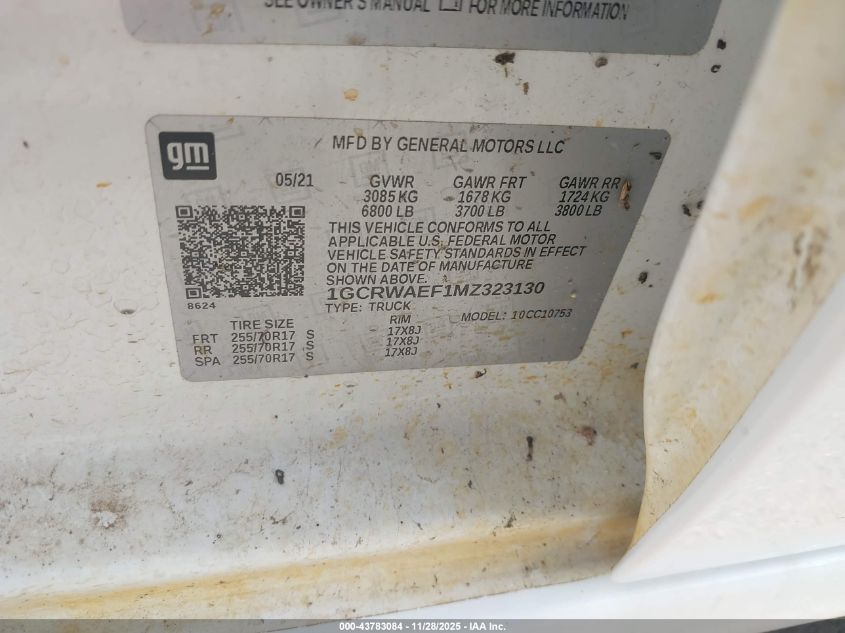 2021 Chevrolet Silverado 1500 2Wd Standard Bed Wt VIN: 1GCRWAEF1MZ323130 Lot: 43783084