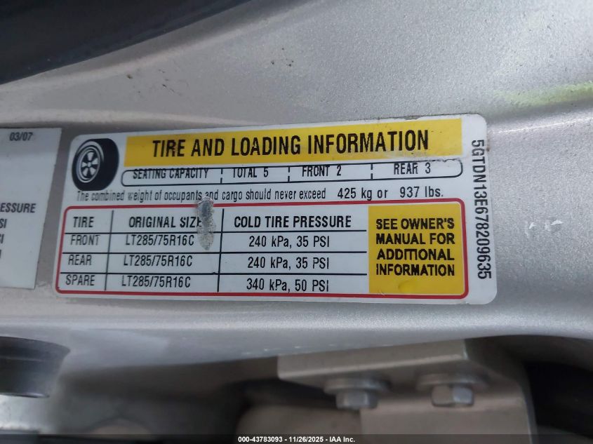 2007 Hummer H3 Suv VIN: 5GTDN13E678209635 Lot: 43783093
