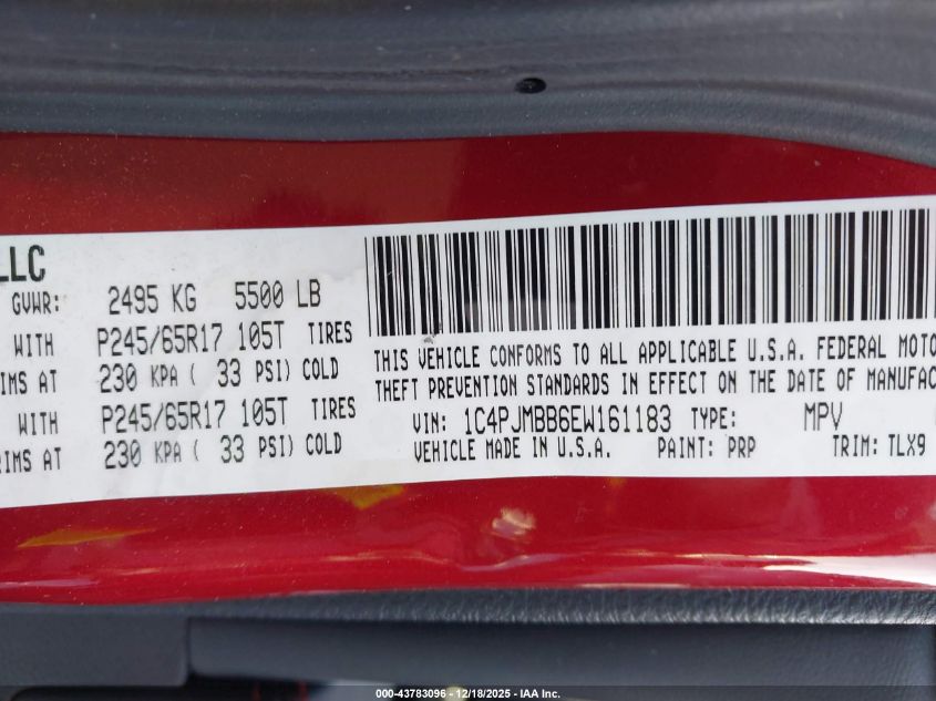 2014 Jeep Cherokee Trailhawk VIN: 1C4PJMBB6EW161183 Lot: 43783096