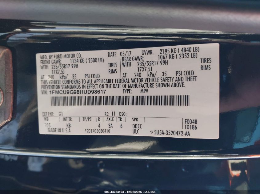 2017 Ford Escape Se VIN: 1FMCU9G98HUD98617 Lot: 43783103