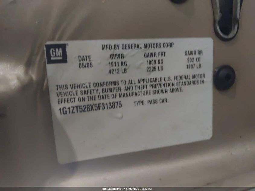 2005 Chevrolet Malibu Ls VIN: 1G1ZT528X5F313875 Lot: 43783110