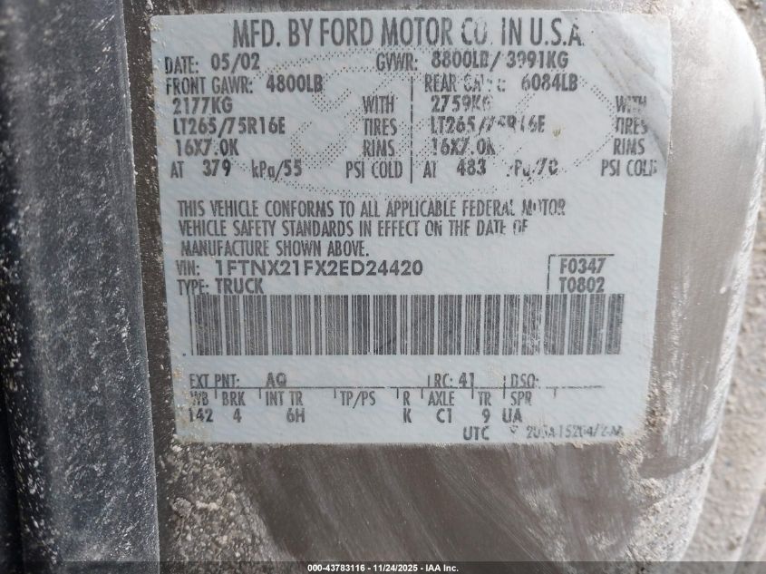 2002 Ford F-250 Lariat/Xl/Xlt VIN: 1FTNX21FX2ED24420 Lot: 43783116