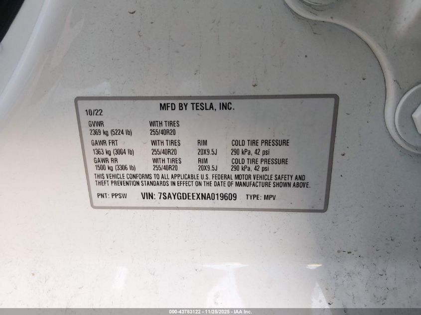 2022 Tesla Model Y Long Range Dual Motor All-Wheel Drive VIN: 7SAYGDEEXNA019609 Lot: 43783122