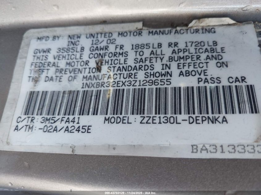 2003 Toyota Corolla Le VIN: 1NXBR32EX3Z129655 Lot: 43783129