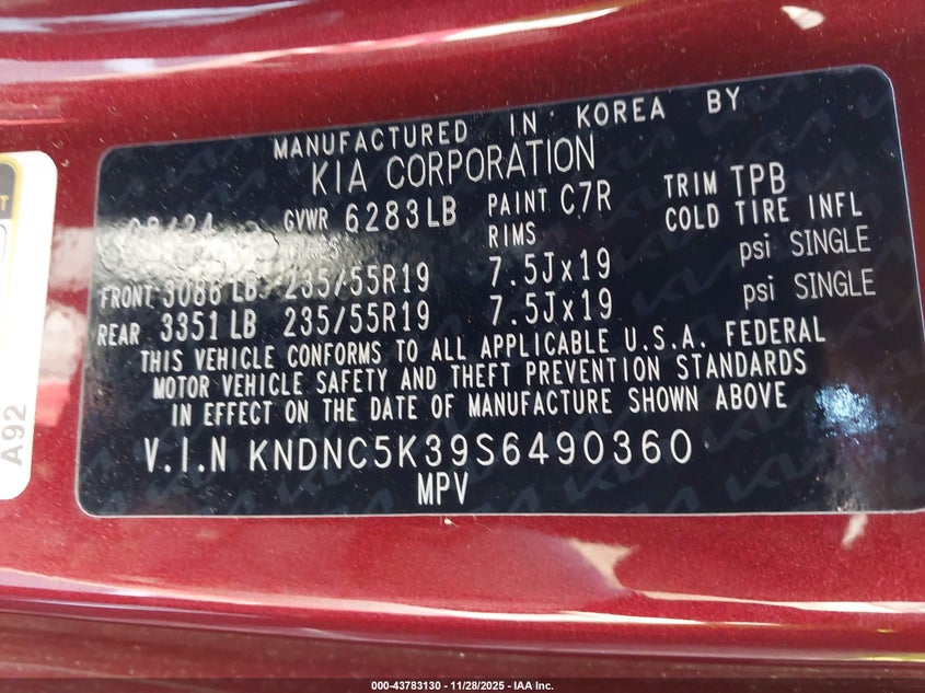 2025 Kia Carnival Mpv Ex VIN: KNDNC5K39S6490360 Lot: 43783130