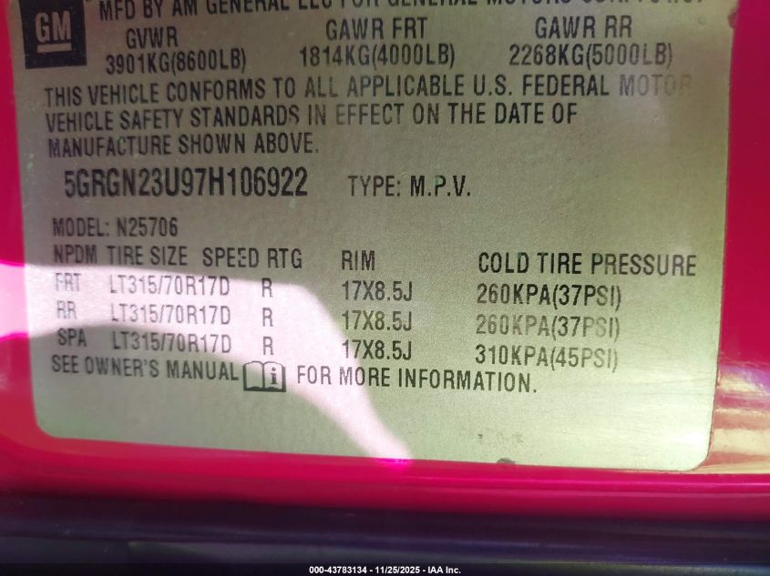 2007 Hummer H2 Suv VIN: 5GRGN23U97H106922 Lot: 43783134