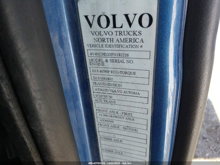 2015 Volvo Vn Vnl VIN: 4V4NC9EG2FN182226 Lot: 43783139