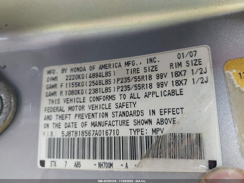 2007 Acura Rdx VIN: 5J8TB18567A016710 Lot: 43783143