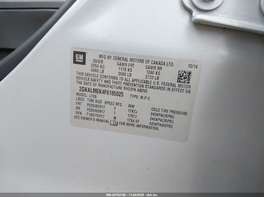 2015 GMC Terrain Sle-1 VIN: 2GKALMEK4F6185025 Lot: 43783158