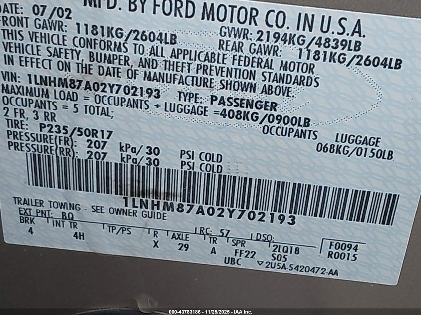 2002 Lincoln Ls V8 Auto VIN: 1LNHM87A02Y702193 Lot: 43783186