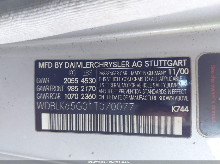 2001 Mercedes-Benz Clk 320 VIN: WDBLK65G01T070077 Lot: 43783188