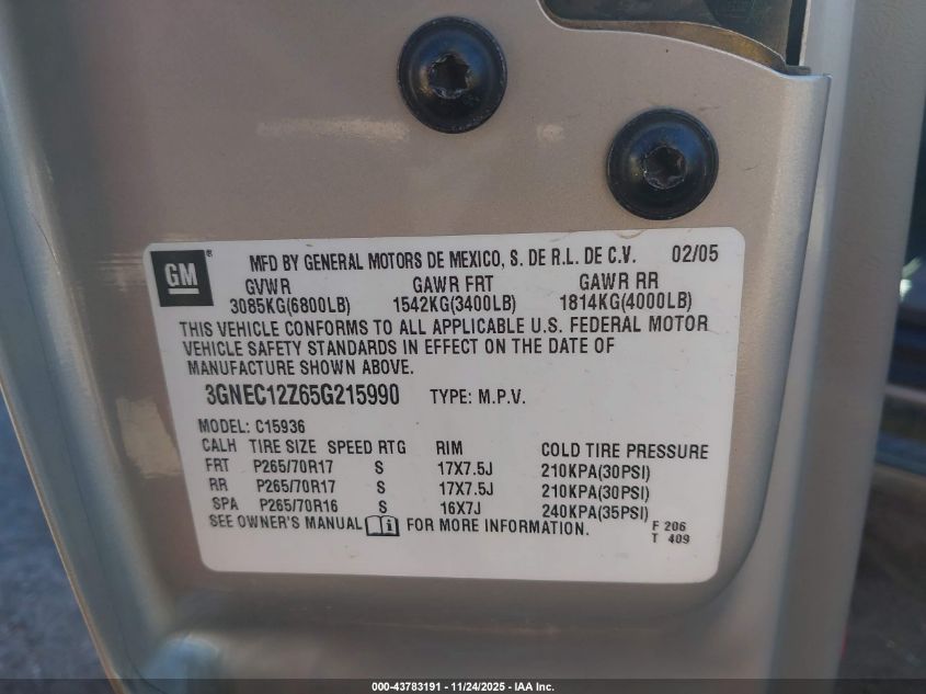 2005 Chevrolet Avalanche 1500 Z66 VIN: 3GNEC12Z65G215990 Lot: 43783191