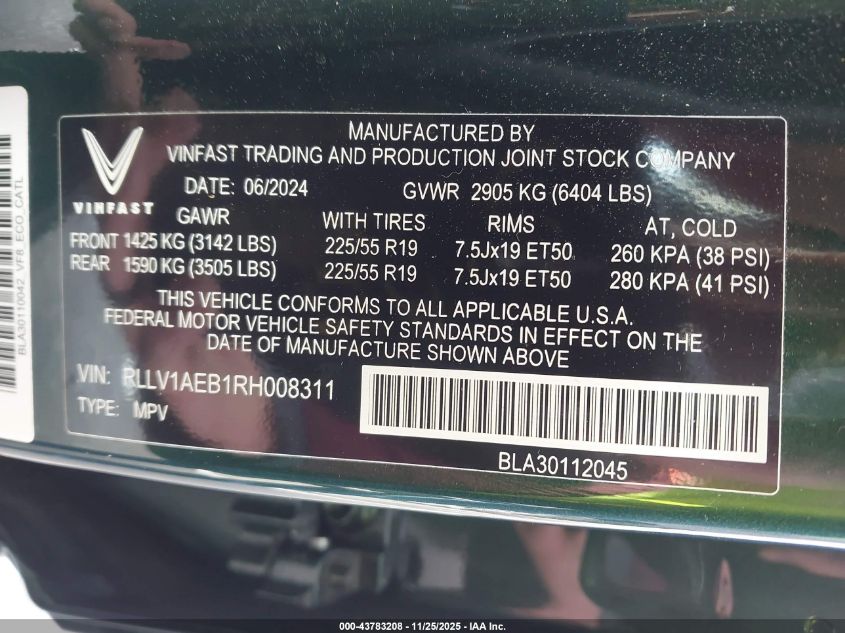 2024 Vinfast Vf 8 Eco VIN: RLLV1AEB1RH008311 Lot: 43783208