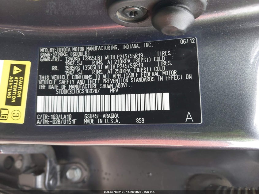 2012 Toyota Highlander Limited V6 VIN: 5TDDK3EH3CS160287 Lot: 43783210
