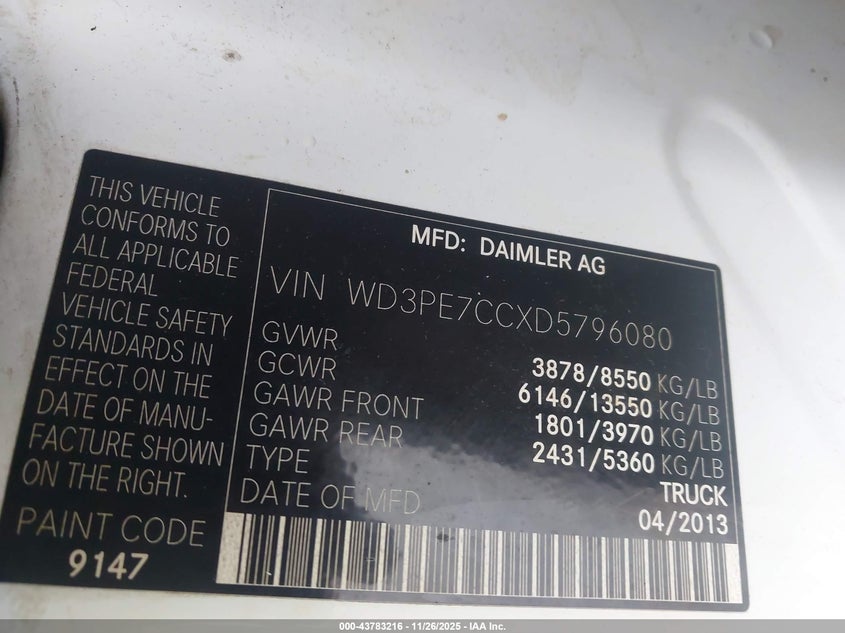 2013 Mercedes-Benz Sprinter 2500 Normal Roof VIN: WD3PE7CCXD5796080 Lot: 43783216