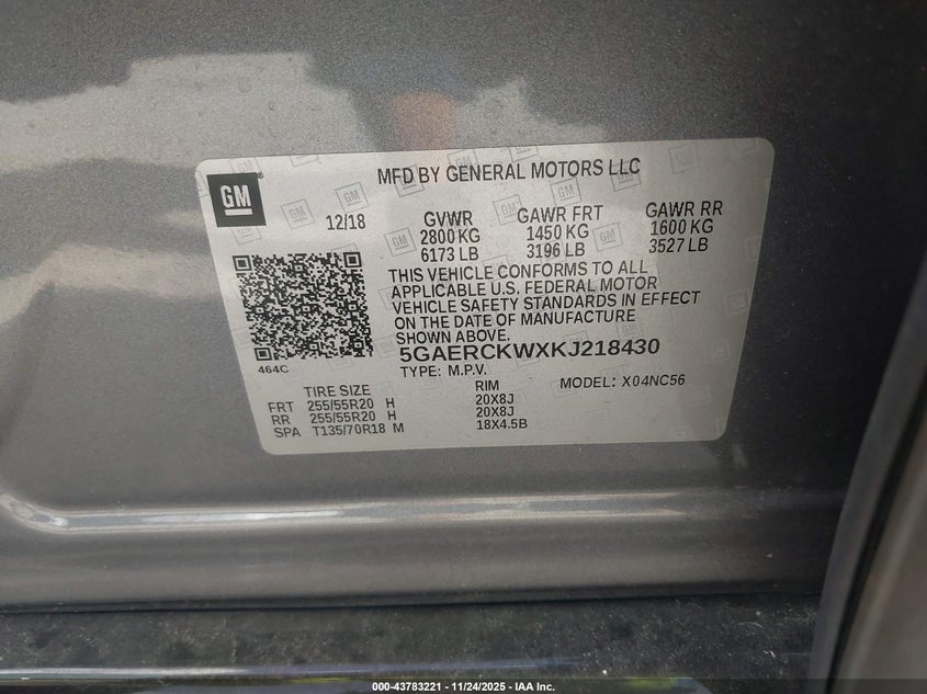 2019 Buick Enclave Fwd Premium VIN: 5GAERCKWXKJ218430 Lot: 43783221