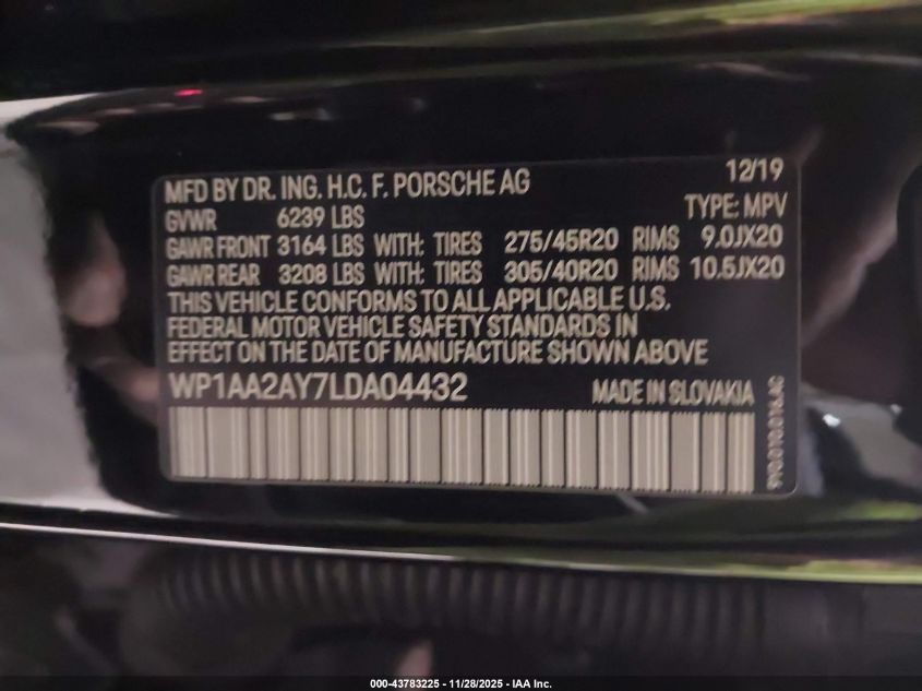 2020 Porsche Cayenne VIN: WP1AA2AY7LDA04432 Lot: 43783225