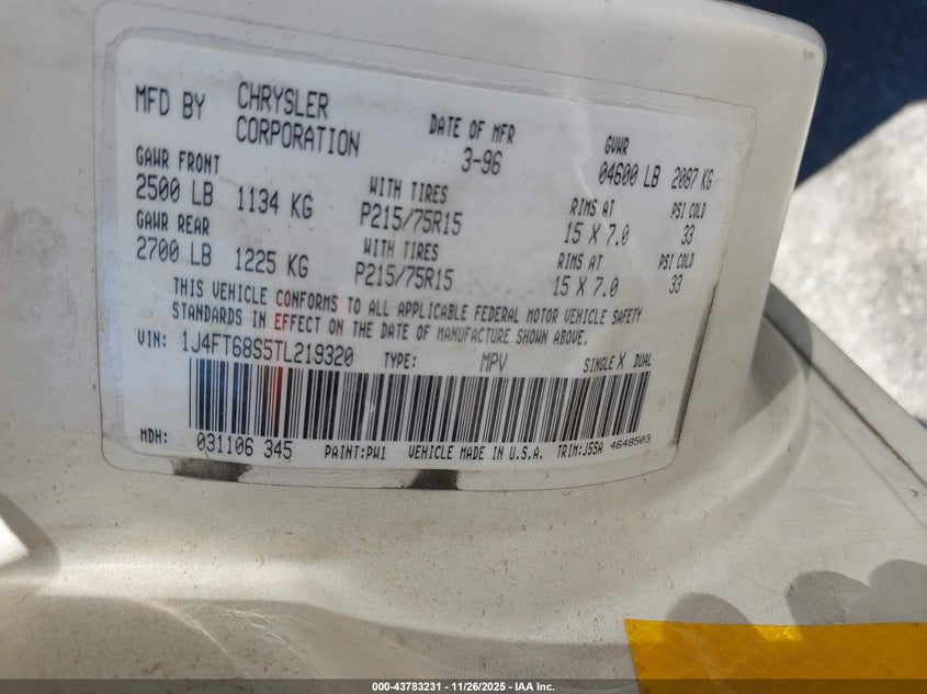 1996 Jeep Cherokee Sport/Classic VIN: 1J4FT68S5TL219320 Lot: 43783231