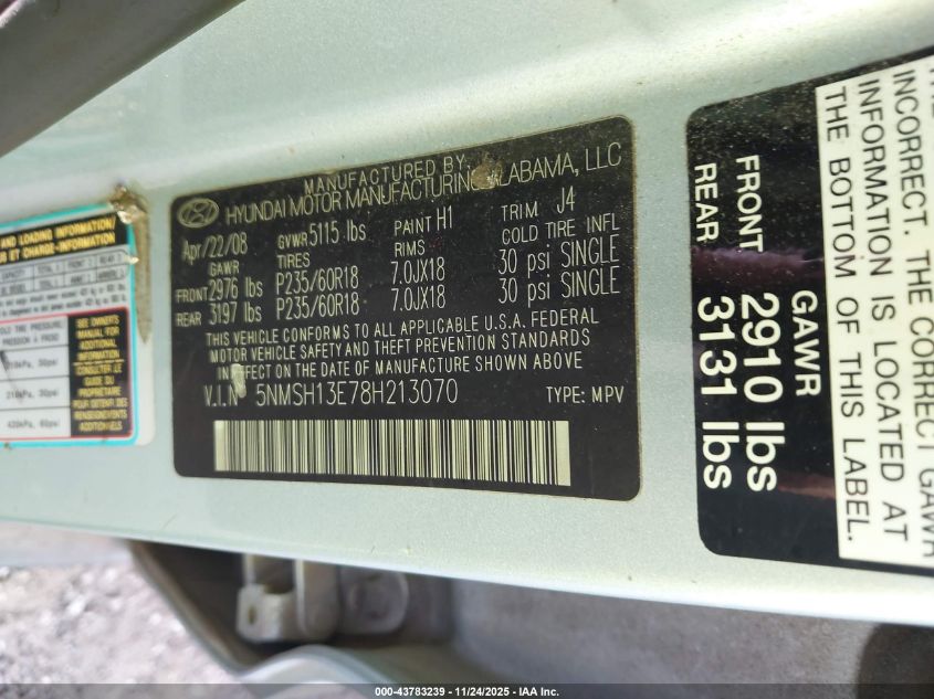2008 Hyundai Santa Fe Limited/Se VIN: 5NMSH13E78H213070 Lot: 43783239