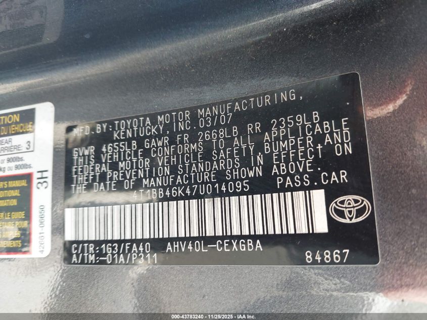 2007 Toyota Camry Hybrid VIN: 4T1BB46K47U014095 Lot: 43783240