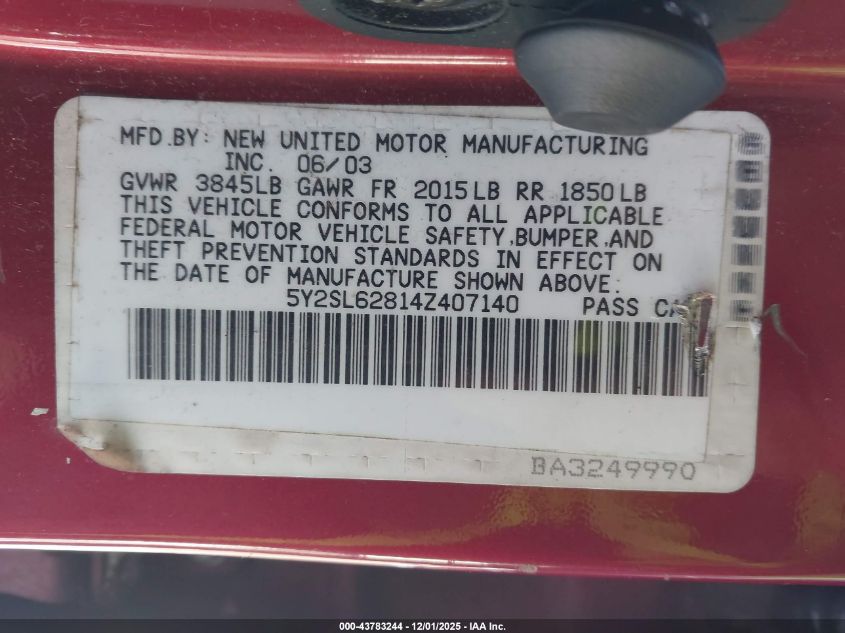 2004 Pontiac Vibe VIN: 5Y2SL62814Z407140 Lot: 43783244