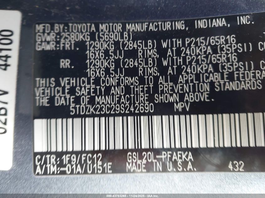 2009 Toyota Sienna Le VIN: 5TDZK23C29S242690 Lot: 43783265