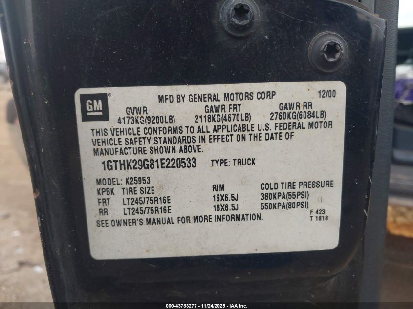 2001 GMC Sierra 2500Hd Sle VIN: 1GTHK29G81E220533 Lot: 43783277