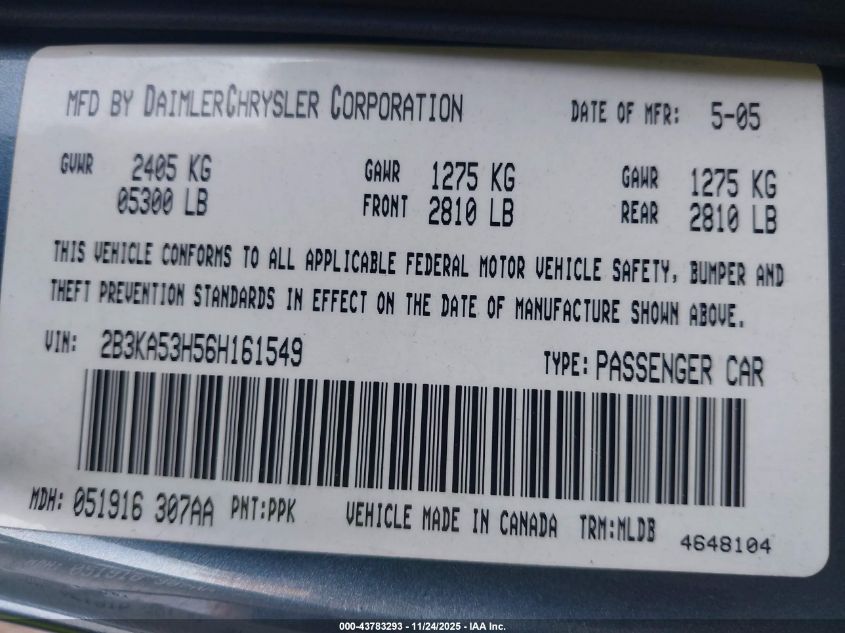 2006 Dodge Charger Rt VIN: 2B3KA53H56H161549 Lot: 43783293