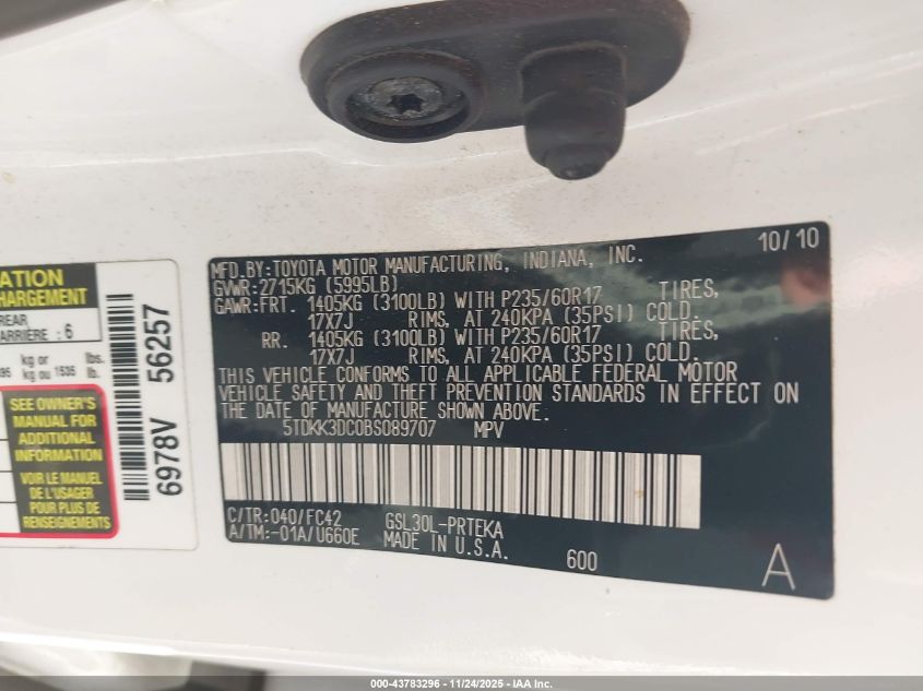 2011 Toyota Sienna Le V6 VIN: 5TDKK3DC0BS089707 Lot: 43783296