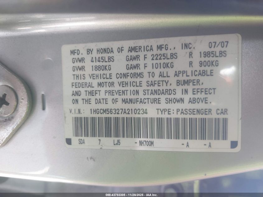 2007 Honda Accord 2.4 Se VIN: 1HGCM56327A210234 Lot: 43783305