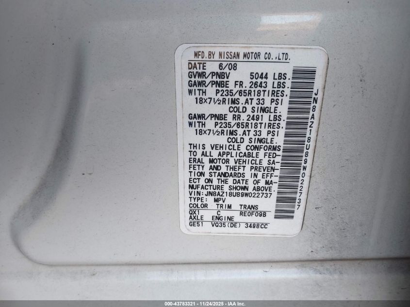 2009 Nissan Murano Sl VIN: JN8AZ18U89W022737 Lot: 43783321
