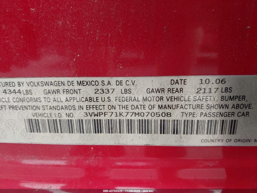 2007 Volkswagen Jetta 2.5 VIN: 3VWPF71K77M070508 Lot: 43783322